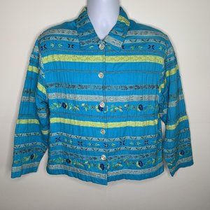 Vtg Tantrums Embroidered Floral Patchwork Shirt Jacket Pearl Buttons Small Blue